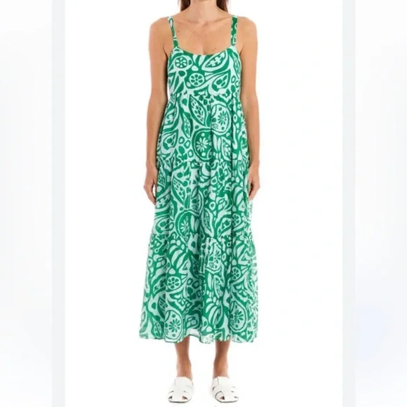 La Ligne Gathered Printed Cotton And Silk-blend Midi Dress In Kelly Green - Picture 2 of 7
